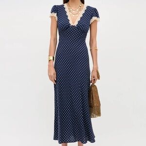 RIXO Clarice Dress in Navy Polka Dot